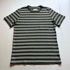 TAYLOR STITCH olive army green white striped organic cotton blend crew neck tee